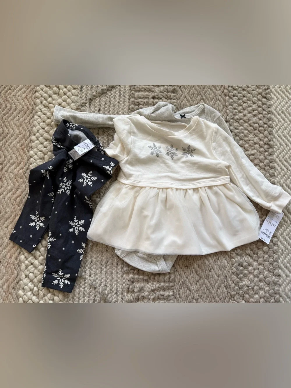 Carter's Cream Peplum top & Bodysuit & Navy Snowflake Leggings Set 3pc 12 month